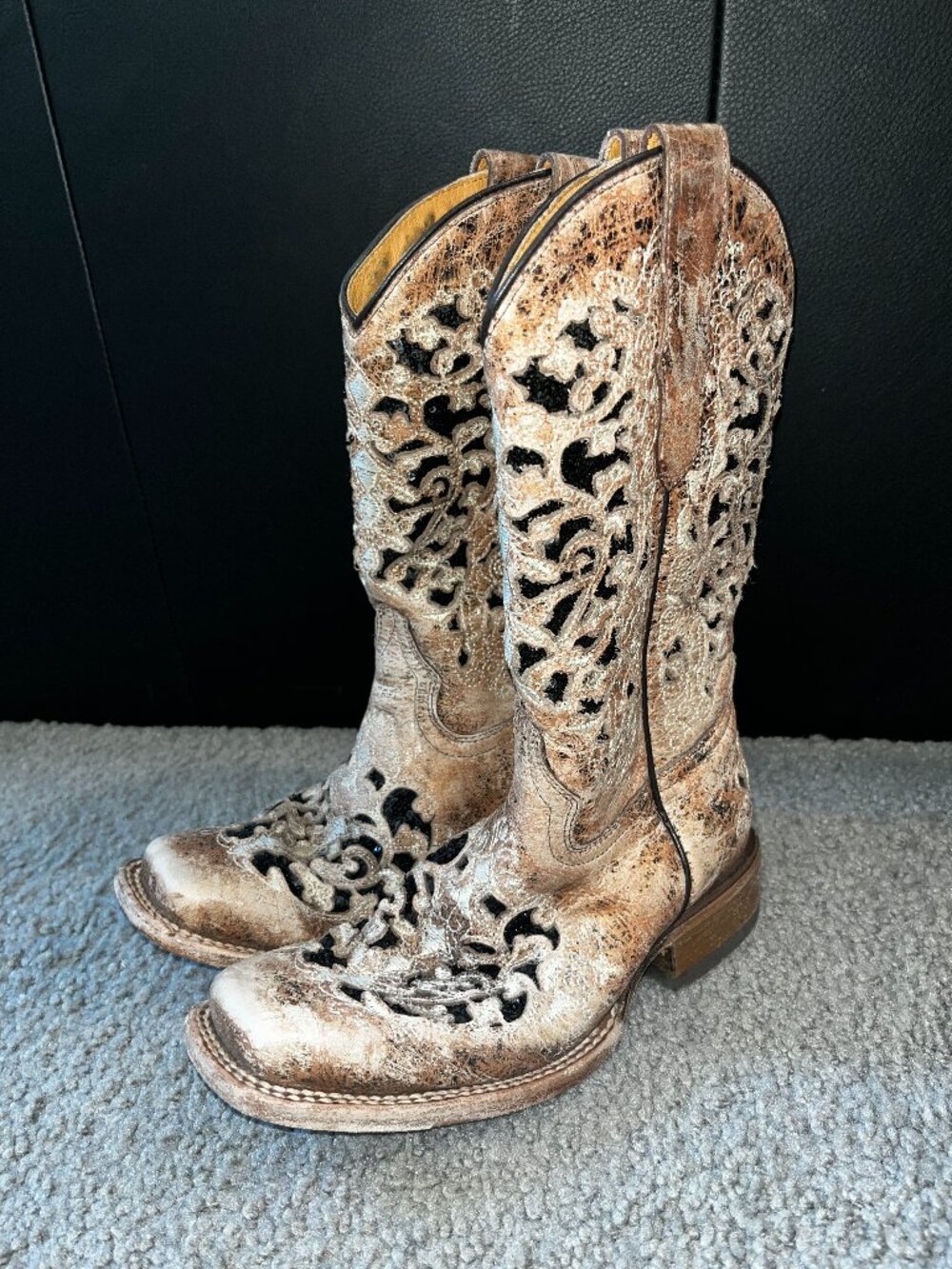 Corral Western Square Toe Cowboy Boots Black Bling Glitter Inlay Teen 3 Womens 5